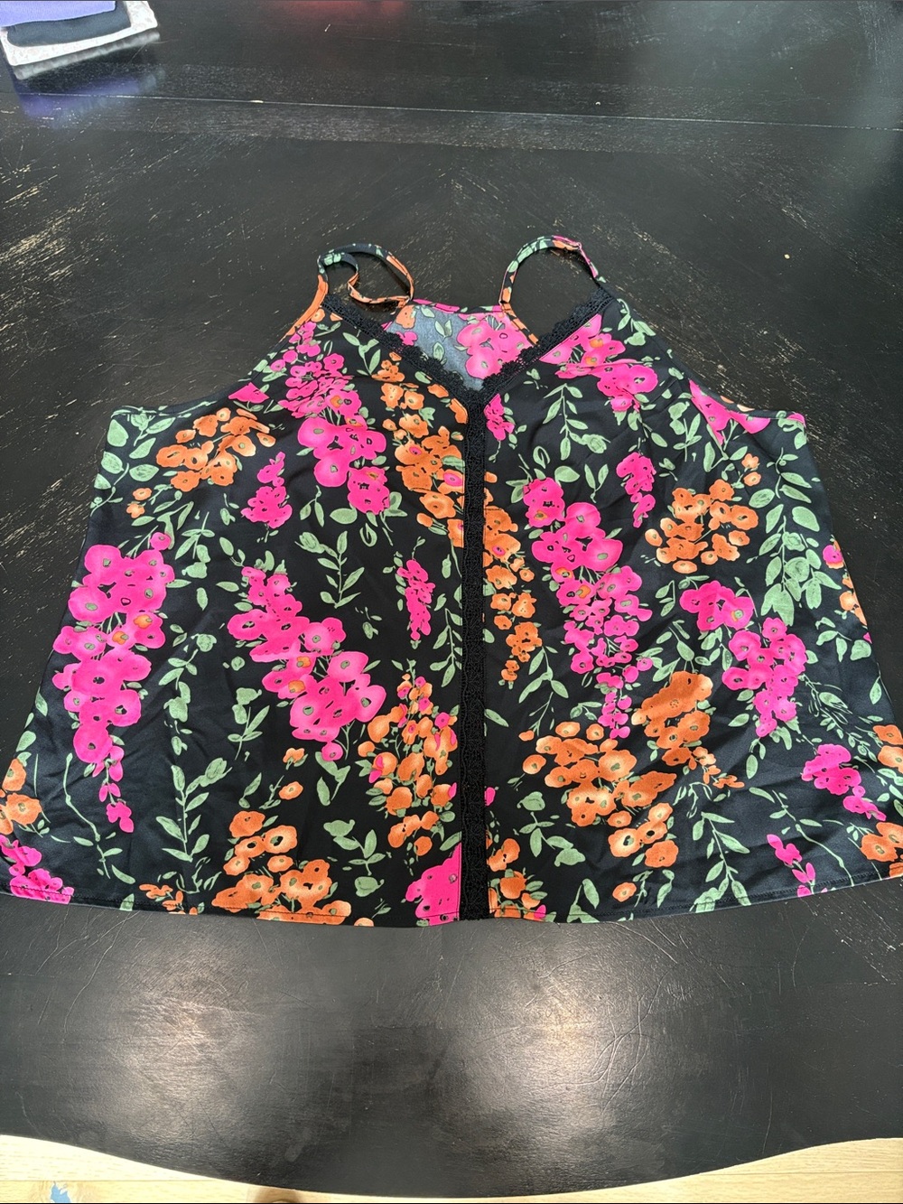 SHEIN Black Floral Tank Top with Pink & Orange Flowers